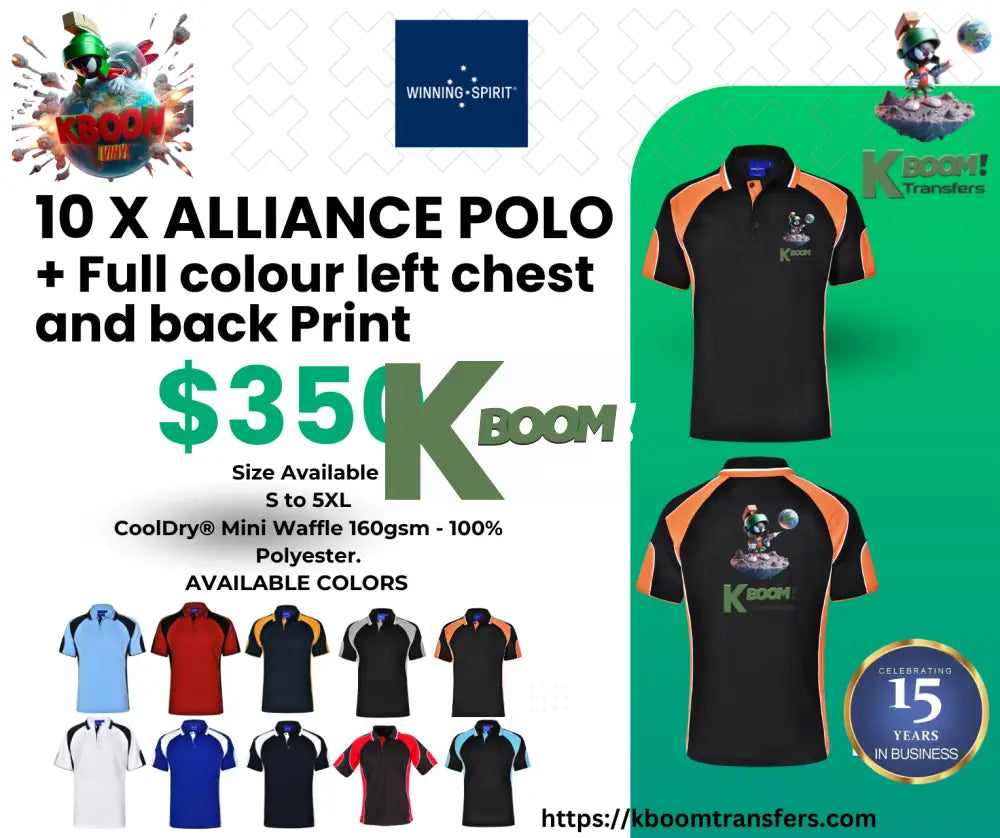 15 X ALLIANCE POLO + Full colour left chest and back Print