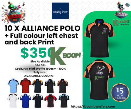 15 X ALLIANCE POLO + Full colour left chest and back Print