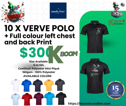 15 X VERVE POLO + Full colour left chest and back Print