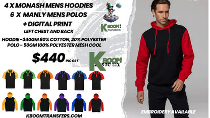 4 X MONASH MENS HOODIES 6 x MANLY MENS POLOS + Digital Print
